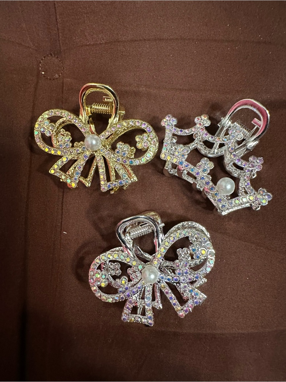 Crystal-Embellished Pearl Bow & Crown Hair Clip Set - Gold & Silver